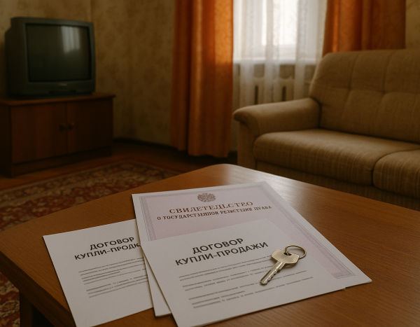 Документы и ключи на столе в гостиной квартиры