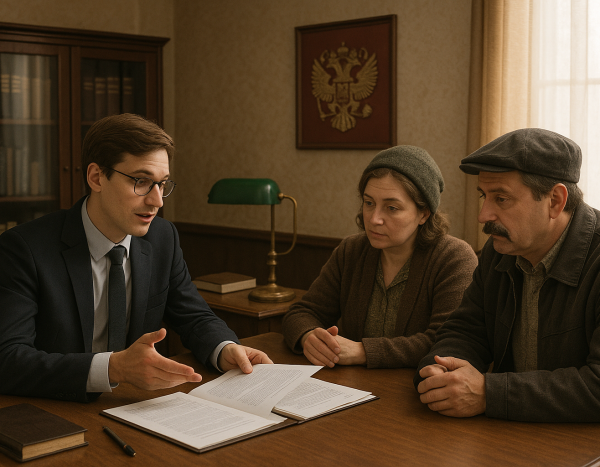 Юрист объясняет юридические документы клиентам в офисе